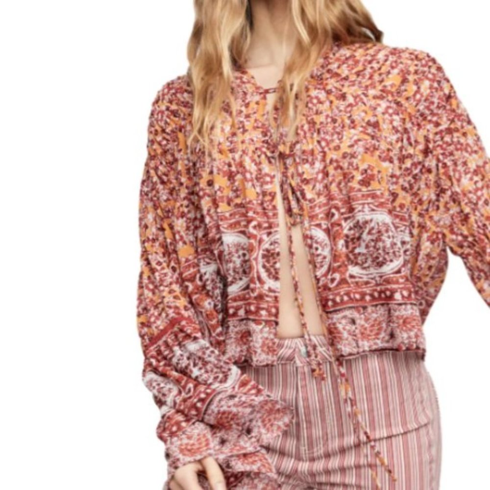 FREE PEOPLE Lorraine Tie Front top In Mustard Combo Size S NWT